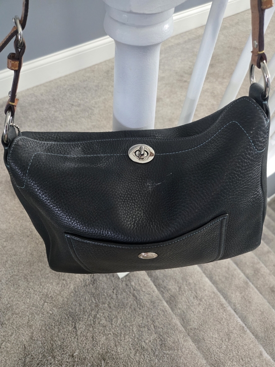 Coach Handbags - Coach Black Pebbled Leather Shoulder Bag with Brown Strap
